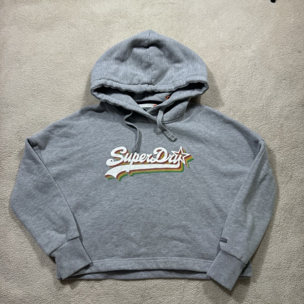 Superdry Hoodie Womens 6 Gray Rainbow Graphic Logo Fleece Sweater Long Sleeve